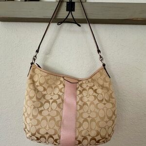 Coach F29941 Signature Stripe Hobo Purse Bag C Logo Khaki Pink